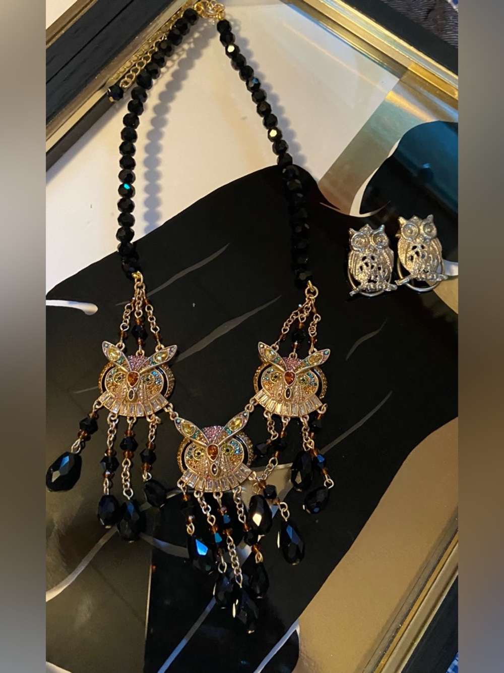 Antique Gold K9 Owl Pendant Statement Necklace with Black Beads and Owl Clips